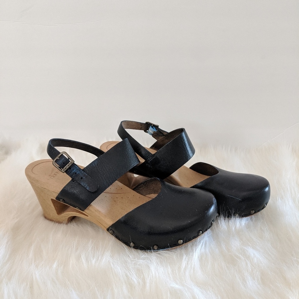 Dansko Women's Thea Black Leather Wooden Clogs
